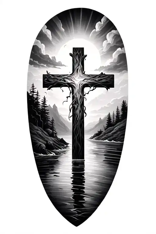 Realistic Landscape Tattoo Featuring A Cross Made From Water