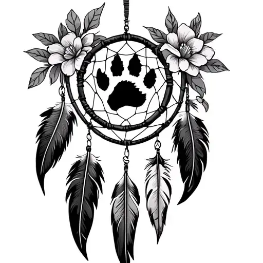 Bear Paw And Claws Print In A Dream Catcher With Eagle And Hawk Feathers Hanging And Flowers