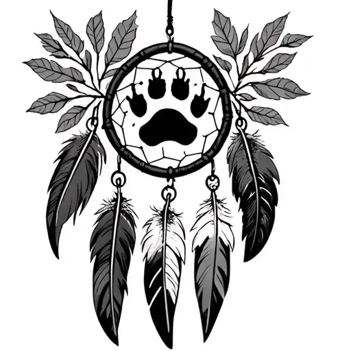 Bear Paw And Claws Print In A Dream Catcher With Eagle And Hawk Feathers Hanging And Pot Leaves
