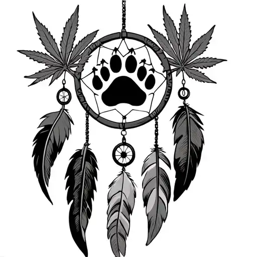 Bear Paw And Claws Print In A Dream Catcher With Eagle And Hawk Feathers Hanging And Marijuana