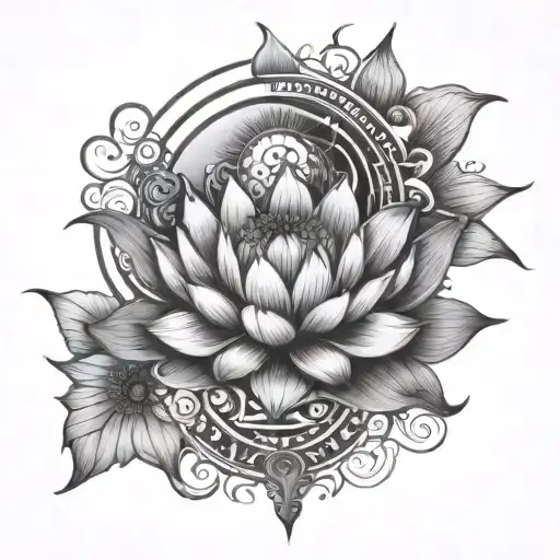 Sun And Lotus Flower Large Black Grey Tattoo Design Combining