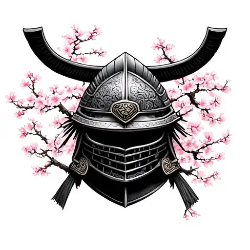 Samurai Helmet Surrounded By Cherry Blossom Trees