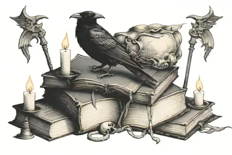 Raven Perched On A Stack Of Spell Books With Skull Two Candles Positioned On Either Side