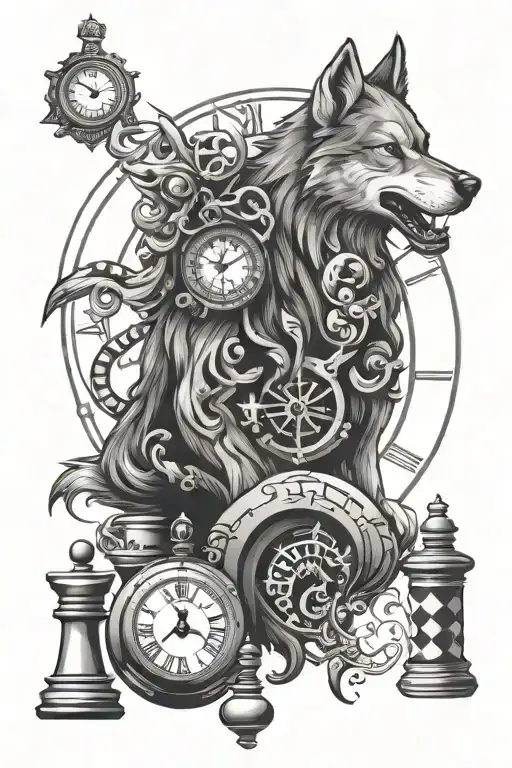 Wolf And Clock And Chess Piece