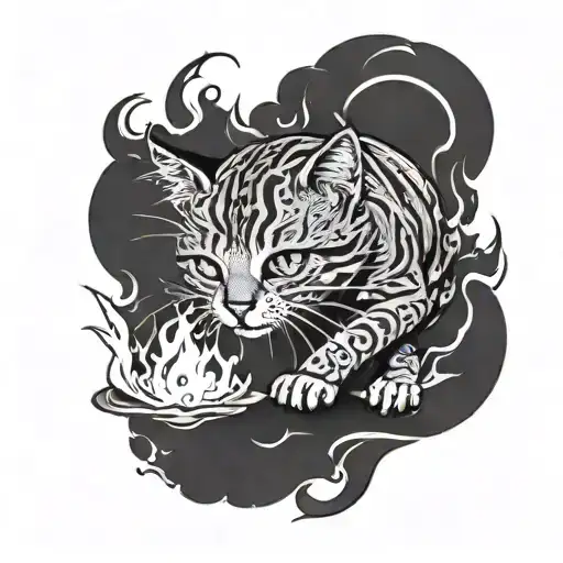A Black And Grey Tattoo Of A Cat Playing With Fire On The Sand
