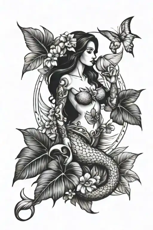 Mermaid With Tropical Coconuts Palm Tree And Hibiscus Flower