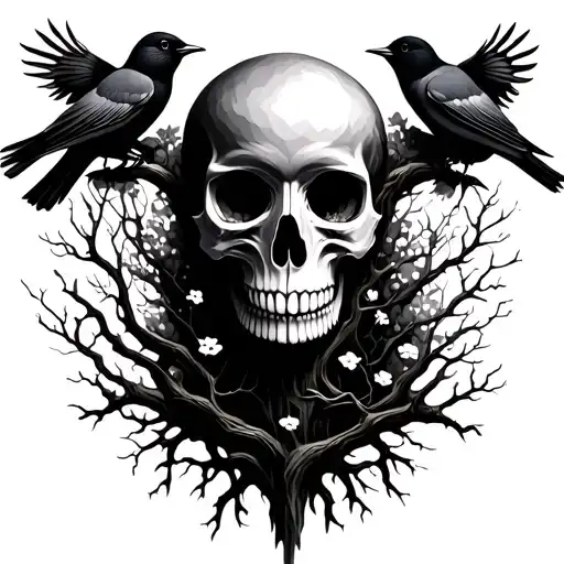 Skull Tree Sillhouette Birds With Branches