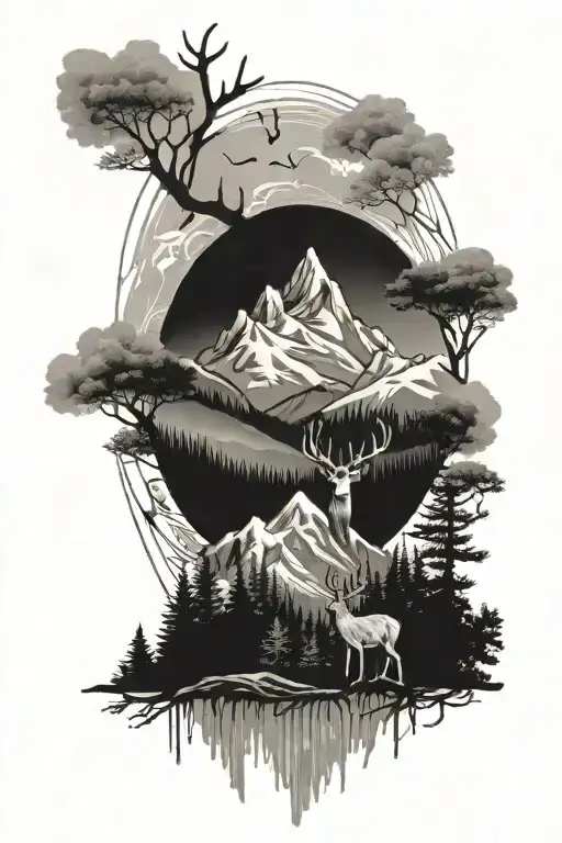 Mountains And Trees With Deer
