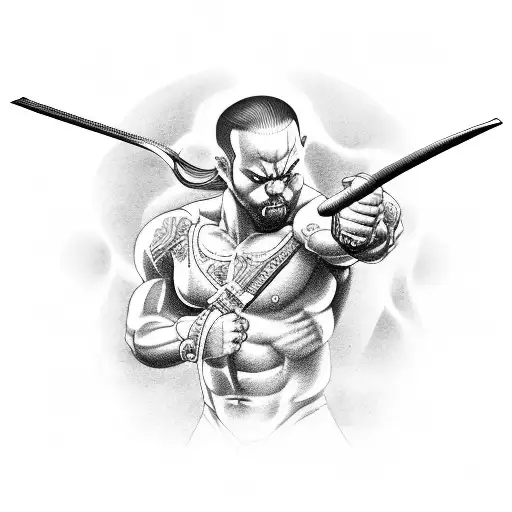 A Black-grey Tattoo Design Of A Muscular Figure Practicing Martial Arts With A Katana In Hand