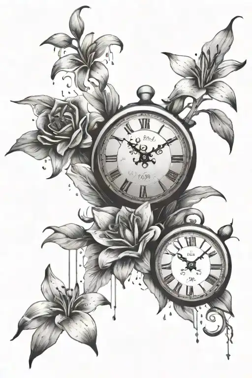 Clock And Lillys Blossoming In Beautiful Rain