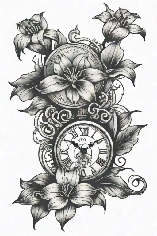 Clock And Lillys And Sun Set