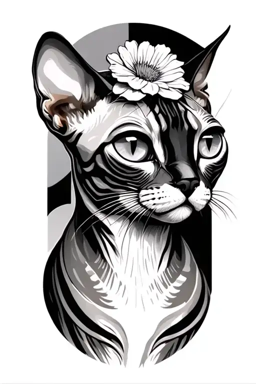 The Sphinx Cat Looks Straight At The Left Eye With A Flower