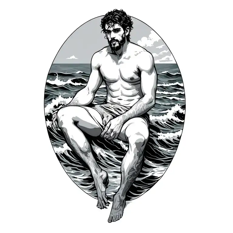 Man Seated With The Sea Behind And Waves