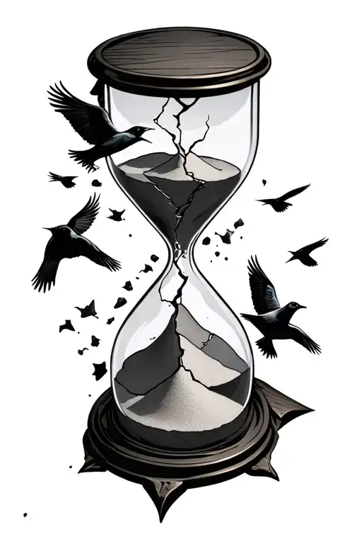 A Broken Hourglass That Has Sand Inside And Crows Flying From The Broken Opening And Upwards