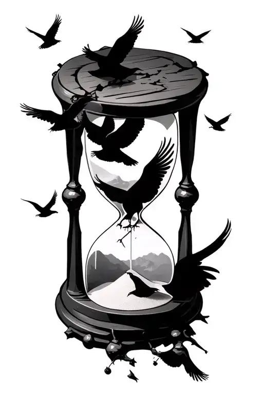 A Broken Hourglass That Has Sand Inside And Crows Flying From The Broken Opening And Upwards