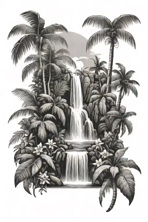 Tropical Waterfall With Plants Flowers And Palm Trees