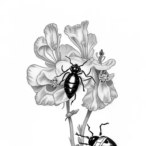 Sweet Pea And Larkspur Flowers Intertwined With A Ladybug On Them