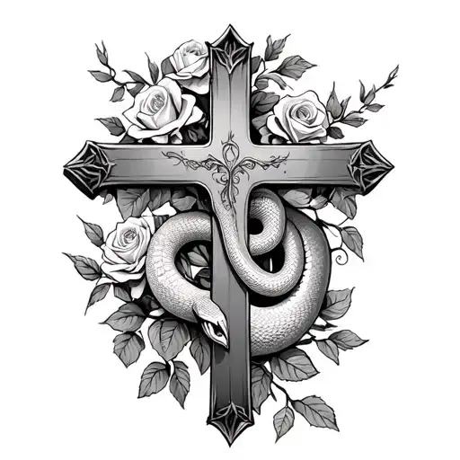 Cross With Winding Snake And Rose Vine With Roses Growing