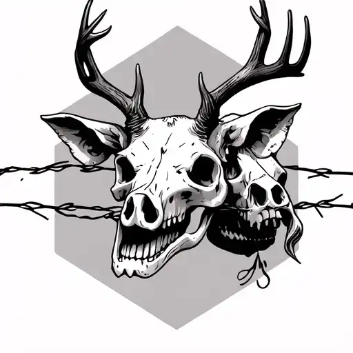 Deer Skull And Pig Skull With Barb Wire Going Down The Arm