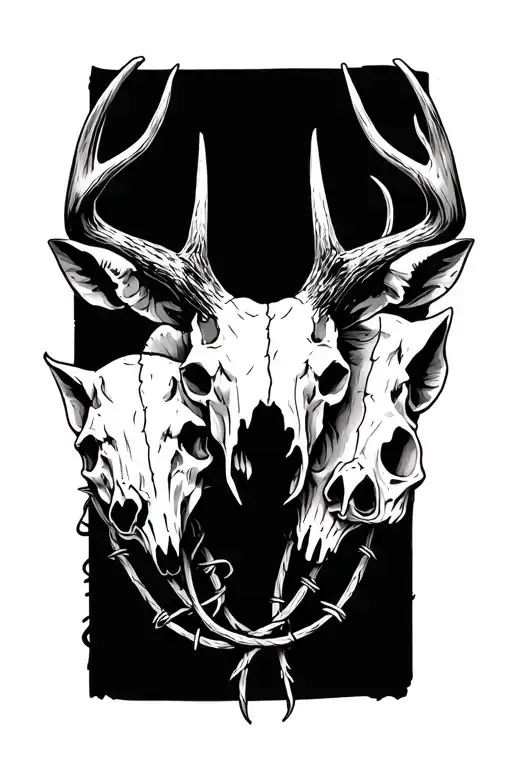 Deer Skull And Pig Skull With Barb Wire Going Down The Arm