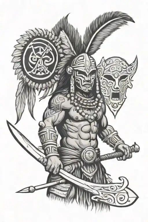Perto Rican Male Taino Warrior Wearing A Vejigante Mask While Weilding A Spear And Shield