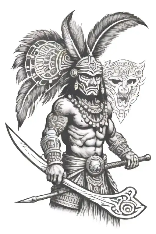 Perto Rican Male Taino Warrior Wearing A Vejigante Mask While Weilding A Spear And Shield
