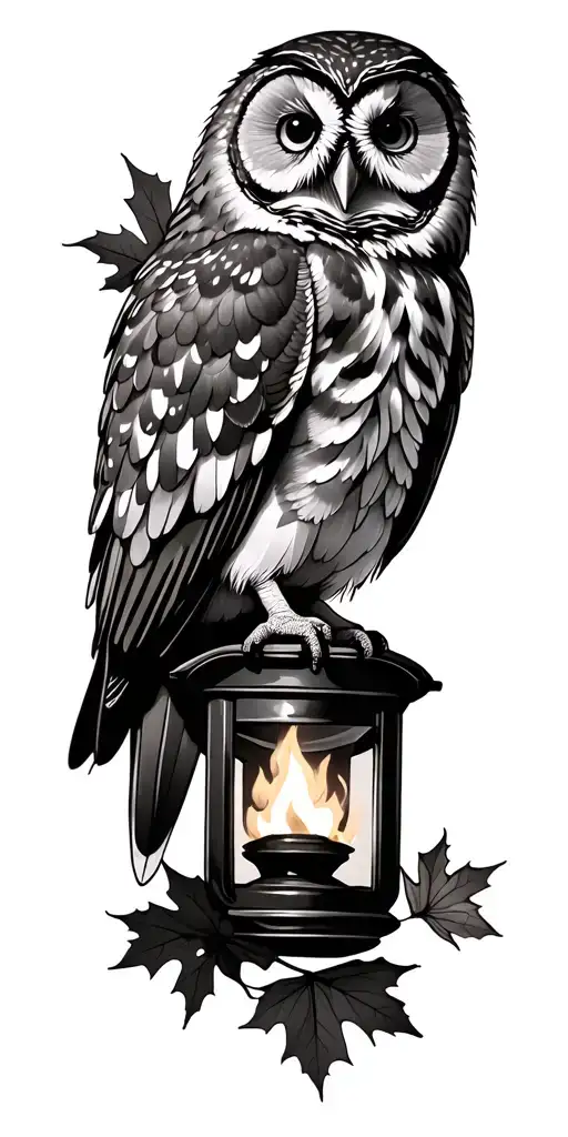 Barred Owl Surrounded By Maple Leaves Sitting On Burning Lantern