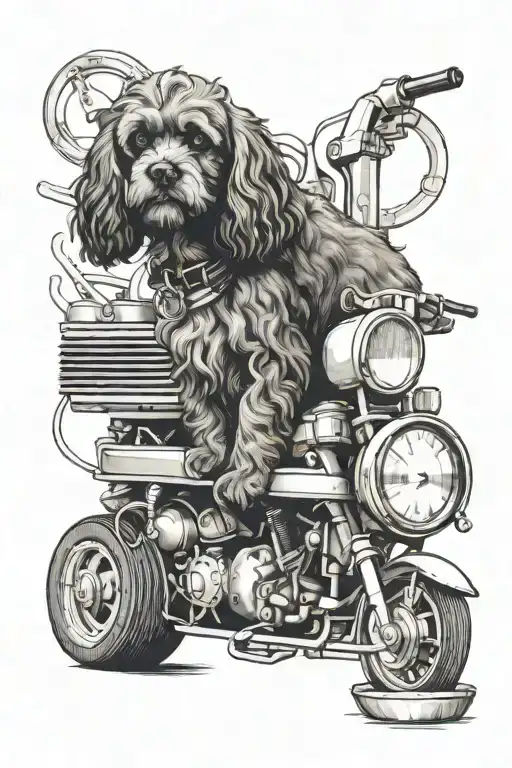 A Realistic Black And Grey Tattoo Of A Cavapoo Sitting On Top Of A Vintage Car Engine