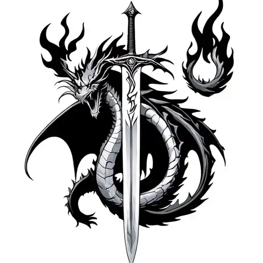 A Legendary Sword Pointed Downwards With A Fire Dragon Coiled To It