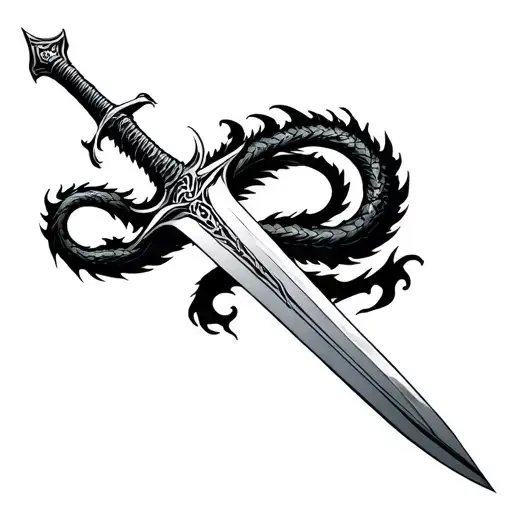 A Legendary Sword Pointed Downwards With A Fire Dragon Coiled To It