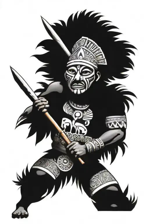 Puerto Rican Male Taino Warrior Weilding A Spear And Shield Wearing A Vejigante Mask In A Jungle