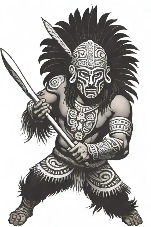 Puerto Rican Male Taino Warrior Weilding A Spear And Shield Wearing A Vejigante Mask In A Jungle