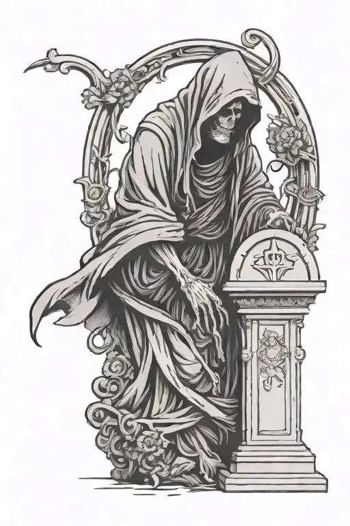 The Grim Reaper Praying Over A Grave Standing Up