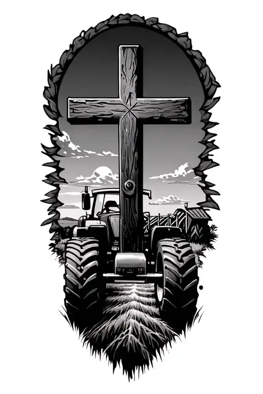 Rugged Cross And Farming Scene With Tractor
