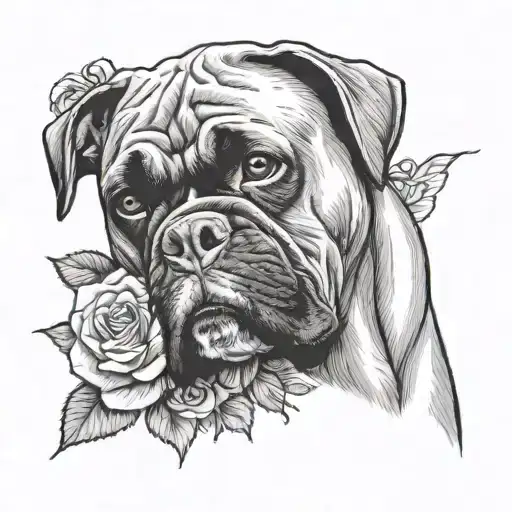 Boxer Dog Laying On His Left Side With Head Resting On A Rose