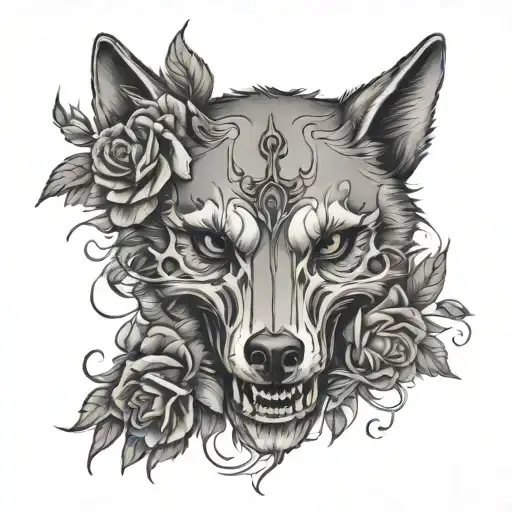 Wolf Skull With Roses Intertwined