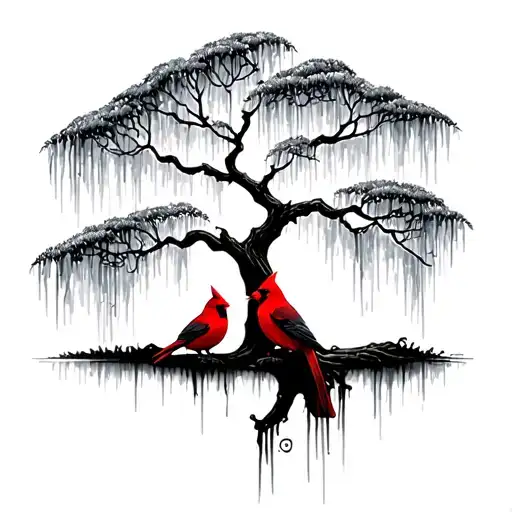 Fine Line Minimalist Tattoo Of A Weeping Willow Tree With Two Cardinals Sitting