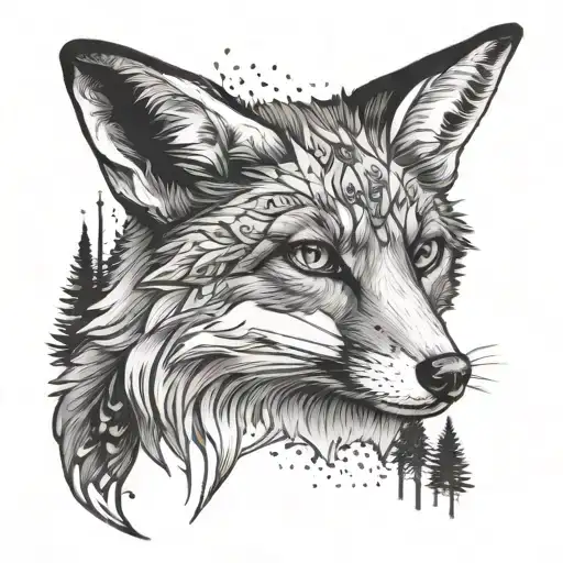 Fox Head Looking Up With Forest Landscape Tattoo Featuring