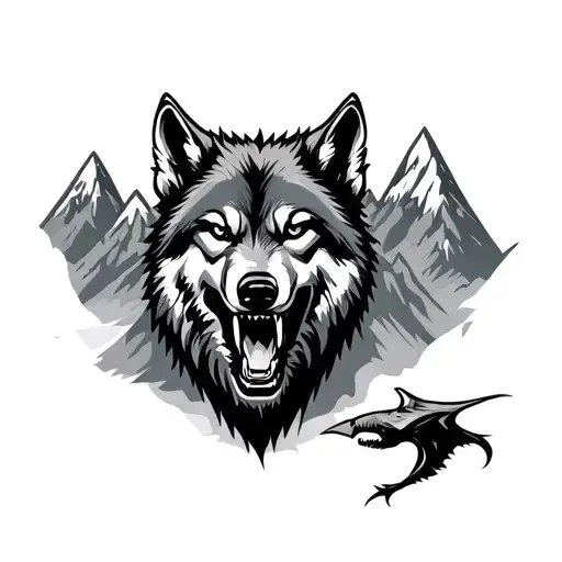 Growling Wolf And Mountains