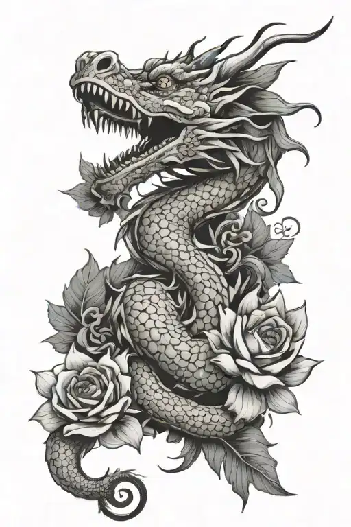 Dragon With Flowers And Mandala Design Incorporating Elements