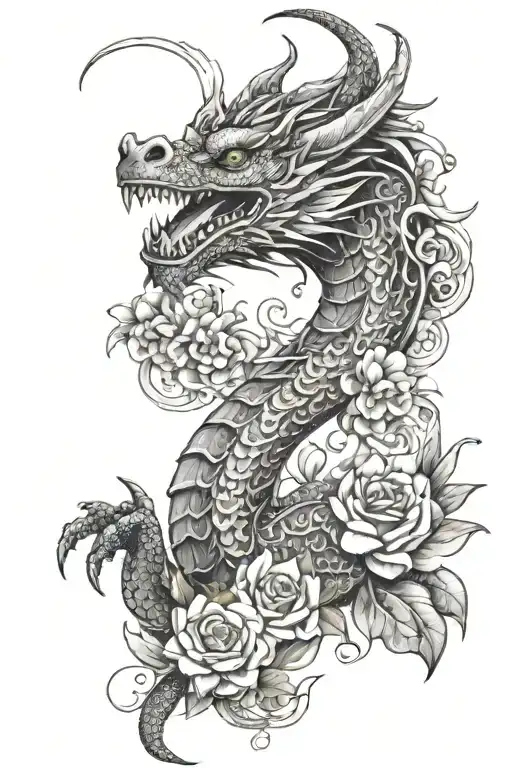Dragon With Flowers And Mandala Design Incorporating Elements