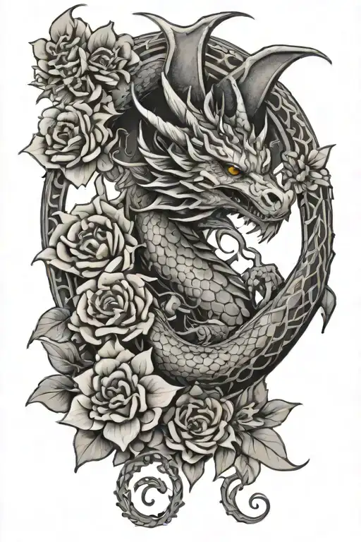 Dragon With Flowers And Mandala