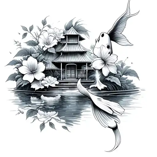 Koi Fish Flowers Fountain House