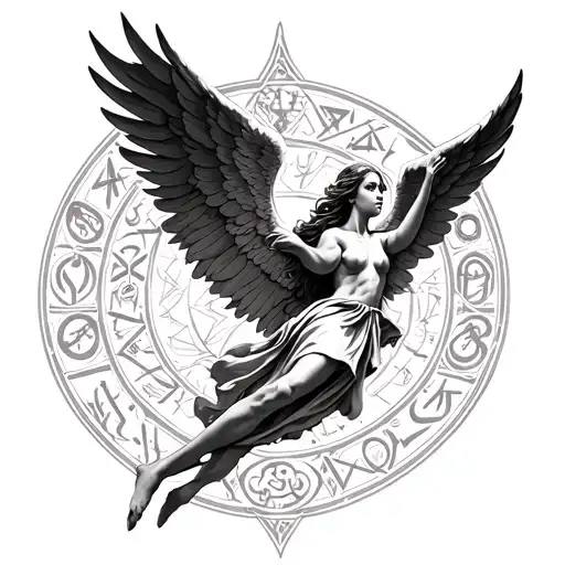 Falling Angel With Wings Surrounded By Nordic Runes