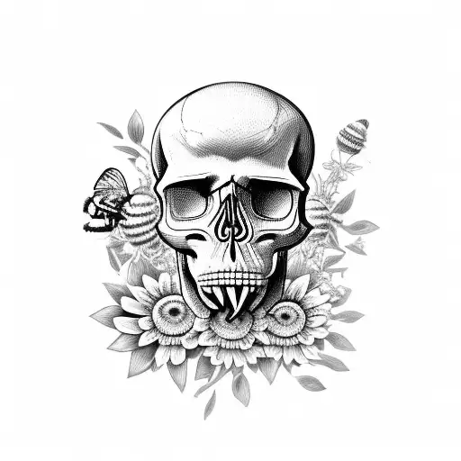 Skull And Bees And Flowers