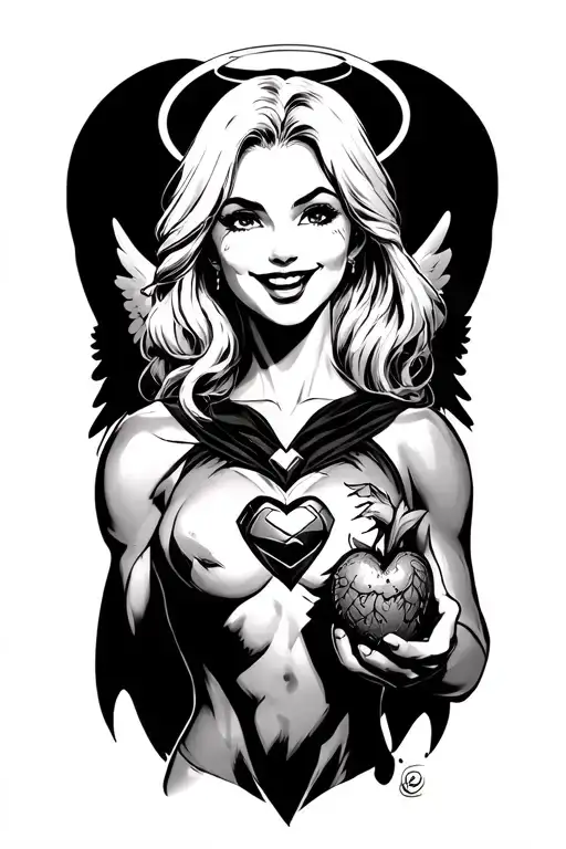 Super Girl Blond With A Halo And Wings Smiling With Fangs Showing And A Human Heart In Her Hand
