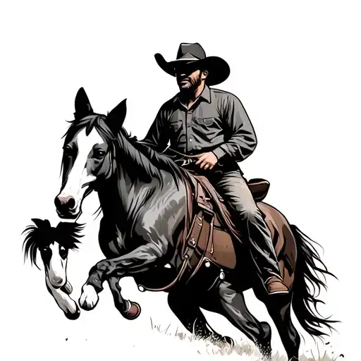 Cowboy On A Horse With Cattle Dog