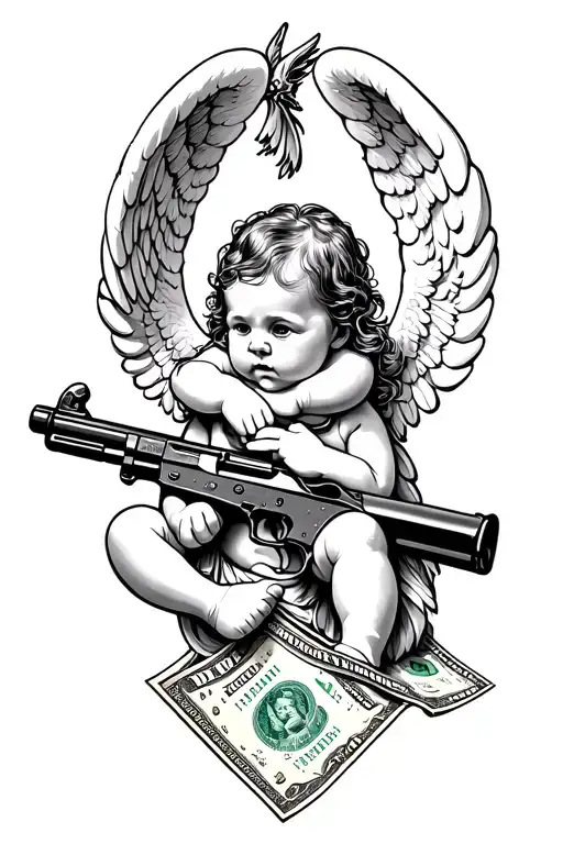 Angel Poultry Baby In Hand 47 Rifle And Dollar