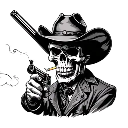 Cowboy Skull Smoking Cigarette And Holding Shotgun