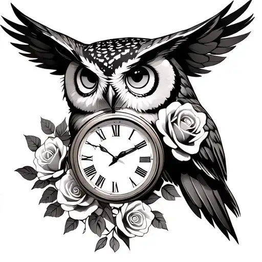 Owl With Clock Underneath Her With Roses